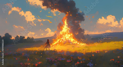 Highland Landscape. Large fire burning brightly surrounded by rolling hills, wildflowers, and a clear night sky. Realistic and warm highland atmosphere. photo