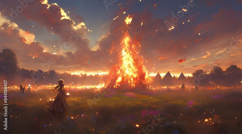 Meadow Landscape. Large fire burning brightly surrounded by wildflowers, tall grass, and a peaceful landscape. Realistic and warm meadow atmosphere. photo