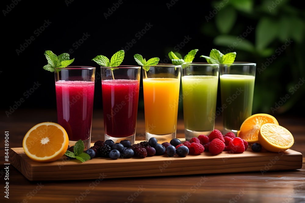 Variety of colorful fruit juices in glasses on a wooden background Variety of colorful fruit juices in glasses on a wooden background