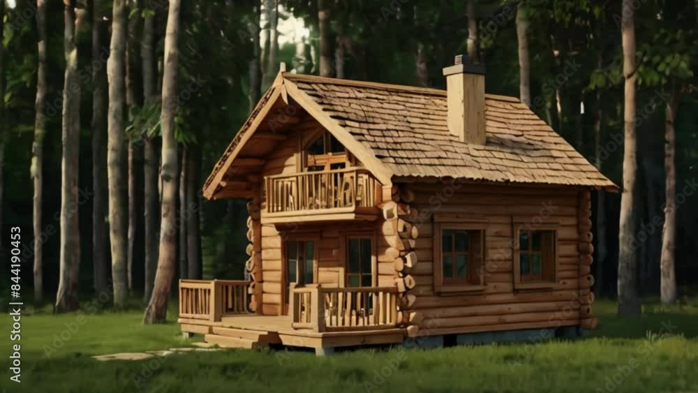 Wooden Cabin in the Forest with a Balcony and Porch Wooden Cabin in the Forest with a Balcony and Porch
