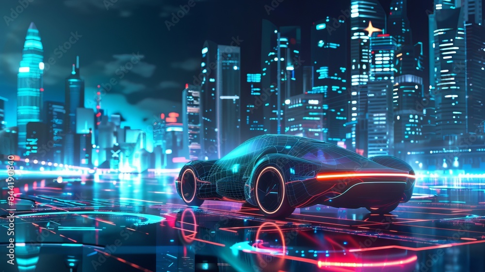 Futuristic city layout pattern of travel essentials including a flying car, holographic display, and robot assistant against a backdrop of towering skyscrapers and neon lights. Futuristic city layout pattern of travel essentials including a flying car, holographic display, and robot assistant against a backdrop of towering skyscrapers and neon lights.