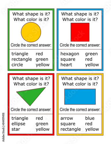 Shape and color quiz. Educational flash cards or worksheet. Teach, learn, reinforce basic math and colors concepts.
