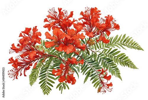 Vivid Flower Arrangement with Red Flowers and Green Leaves, Illustrated in a Stylized Manner