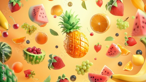Fototapeta Naklejka Na Ścianę i Meble -  Flying fruits and vegetables on yellow background whimsical 3d illustration of fresh produce in midair