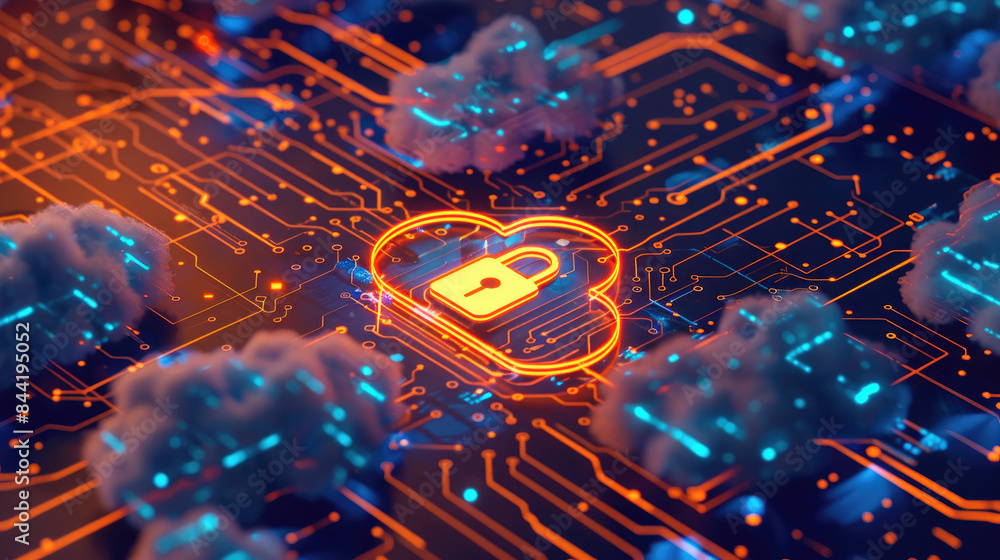 Naklejka premium Ensuring Data Protection in the Cloud: A Stylized Representation of Cloud Security Services with a Secure Padlock Icon