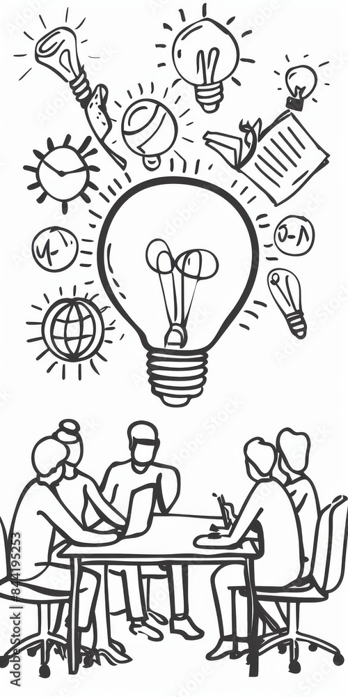 Simple line drawing of a business brainstorming session. Simple line drawing of a business brainstorming session.