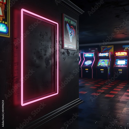 80s-style 3D wall frame mockup in a vintage arcade, with a neon frame and classic video game posters on a black wall. Perfect for nostalgic art or pop culture pieces.