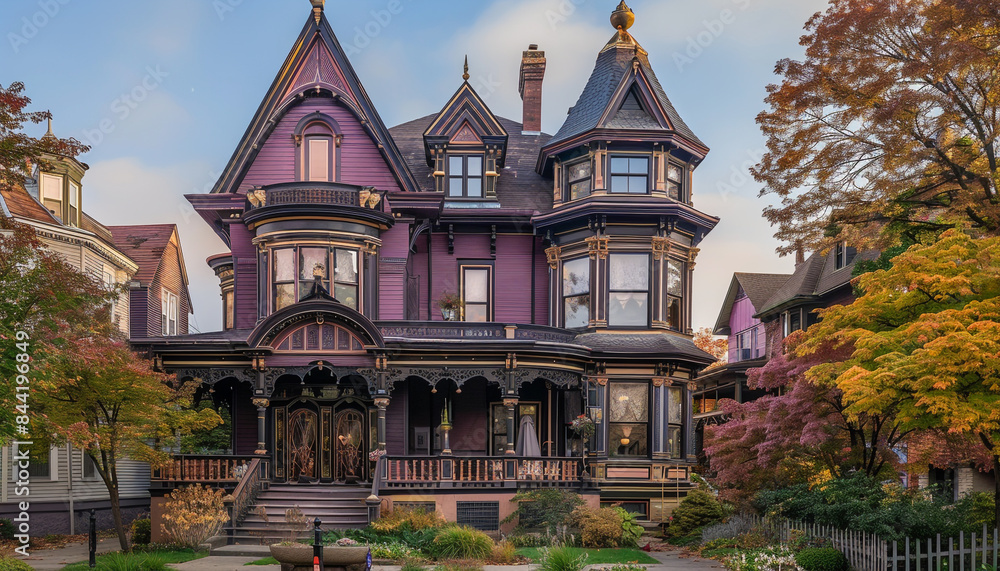 Rich plum Victorian house with intricate architectural details and a grand entrance, in a historic suburb. Rich plum Victorian house with intricate architectural details and a grand entrance, in a historic suburb.