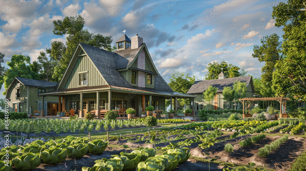 Sage green farmhouse with a large barn and vegetable garden, offering a rustic appeal in a modern suburban setting. Sage green farmhouse with a large barn and vegetable garden, offering a rustic appeal in a modern suburban setting.