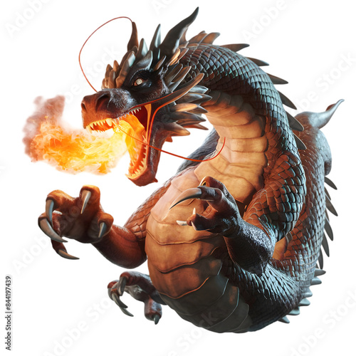 Dragon blows flames from its mouth on a Transparent background
