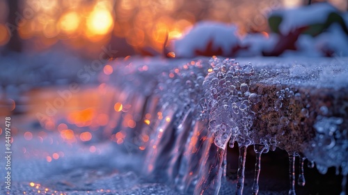A beautiful winter scene with a frozen waterfall and a warm sunset in the background. photo