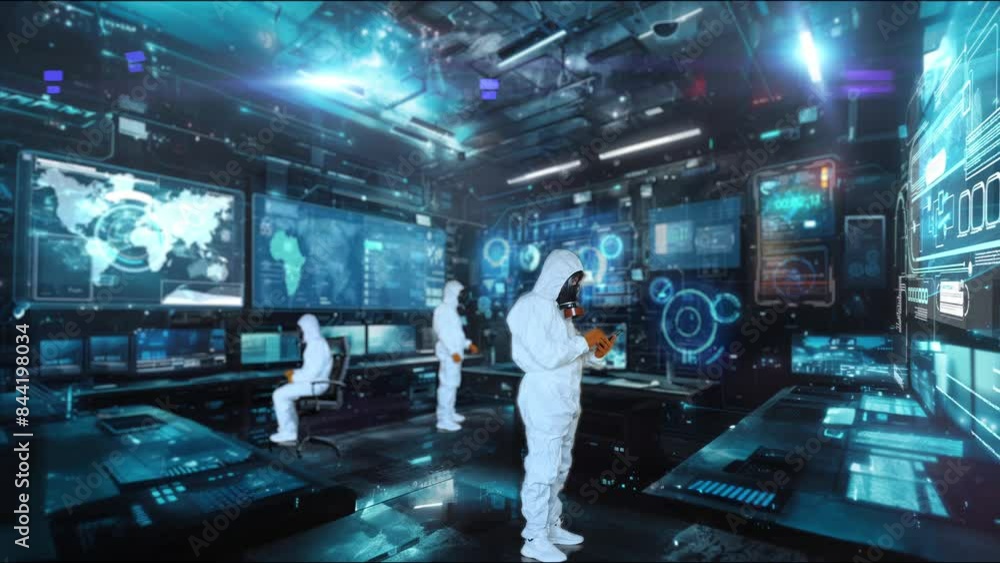 Bioengineers in protective suit Working With Computer-Powered Animated VFX Hologram In Futuristic Lab. Developing Innovative Solutions. Bioengineers in protective suit Working With Computer-Powered Animated VFX Hologram In Futuristic Lab. Developing Innovative Solutions.