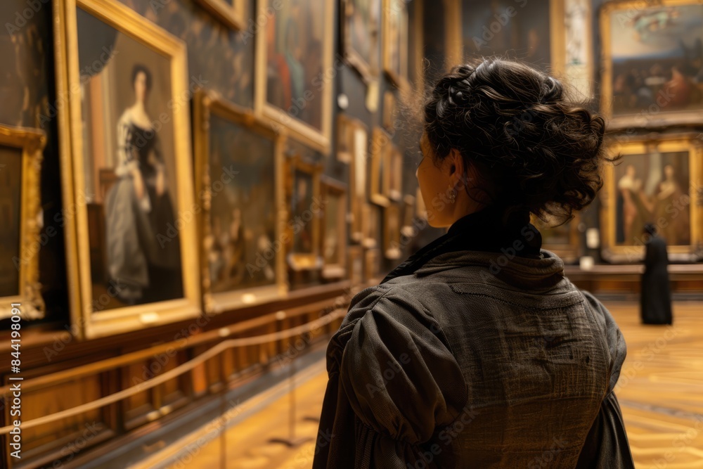 Back view of a young woman in classical art gallery. Lady looking at old paintings in museum Back view of a young woman in classical art gallery. Lady looking at old paintings in museum