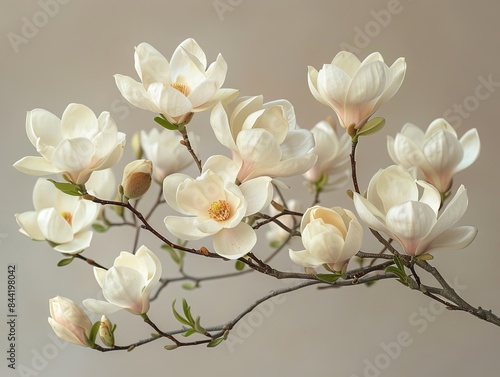 Beautiful magnolia blossoms with a soft beige blurred background. 