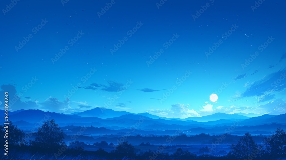 Fototapeta premium Tranquil Blue Mountain Landscape Under a Bright Moon