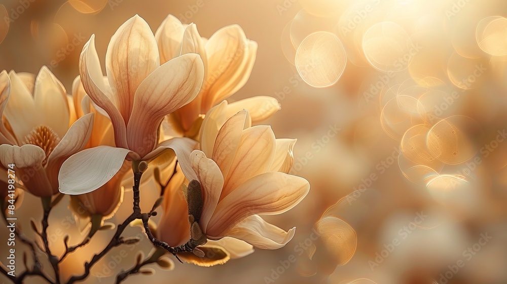 Obraz premium Beautiful magnolia blossoms with a soft beige blurred background. 
