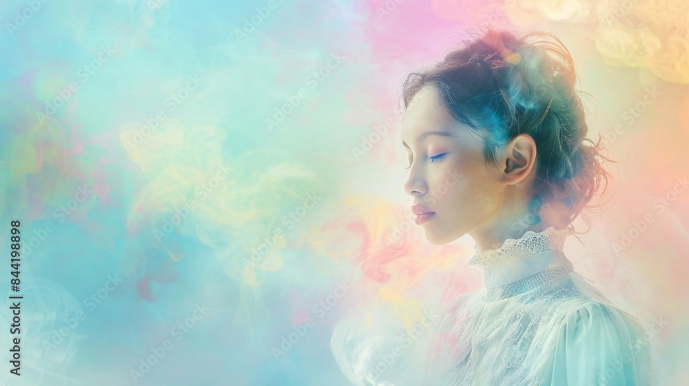 A captivating portrayal of inner peace, with a dreamy woman as its embodiment, surrounded by a symphony of pastel isolated colors against empty space, Generative AI A captivating portrayal of inner peace, with a dreamy woman as its embodiment, surrounded by a symphony of pastel isolated colors against empty space, Generative AI