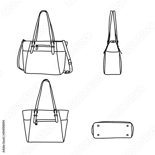 Women Tote Bags Shoulder Bag Top Handle Bags Line art, Suitable for your custom women handbags design, outline vector doodle illustration front, side and bottom view, isolated on white background