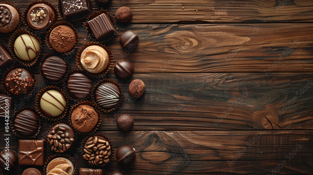 Beautifully arranged chocolates on a rustic wooden table for world chocolate day celebration concept banner. Beautifully arranged chocolates on a rustic wooden table for world chocolate day celebration concept banner.