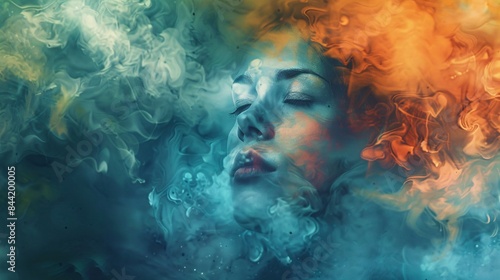 A surreal blend of hues enveloping a woman lost in reverie, her expression reflecting inner peace amidst empty space and shifting isolated colors, Generative AI