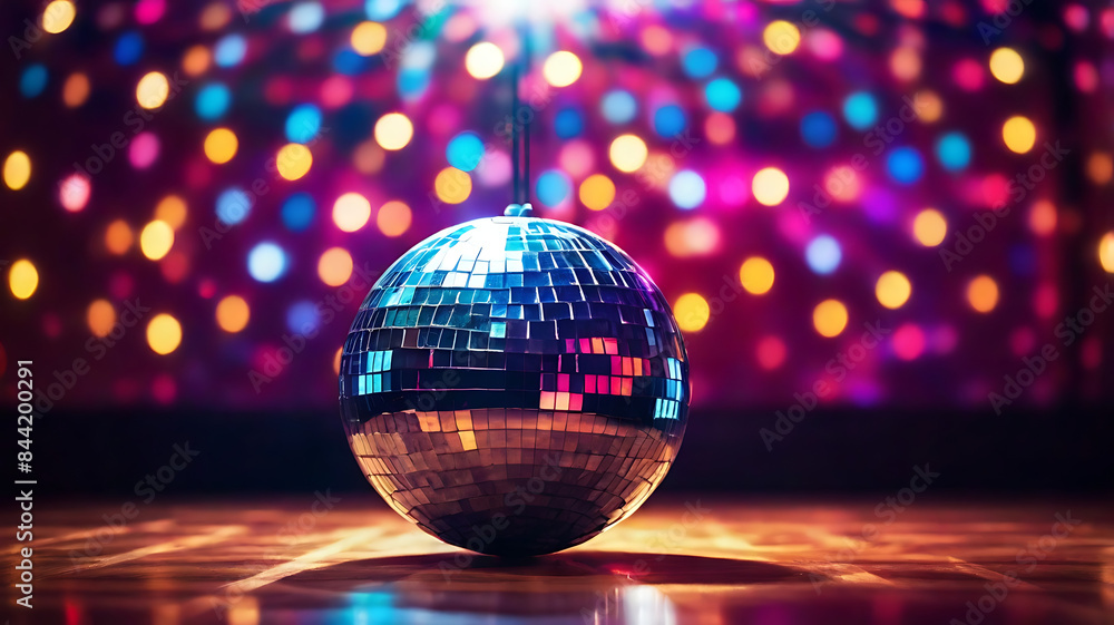 Obraz premium A disco ball with colorful lights and reflection in the dance floor background with nokeh blur and copy space, house or club party concept 
