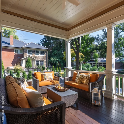 The back porch of a suburban house, featuring a stylish seating area and overlooking a meticulously maintained backyard.
