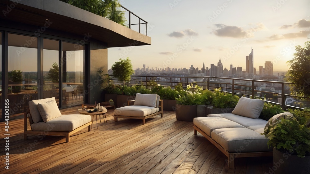 Modern Terrace with Panoramic City View and Lush Greenery with sofa and table Modern Terrace with Panoramic City View and Lush Greenery with sofa and table