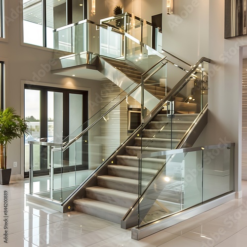 The elegant  modern design of a suburban house s staircase  combining glass and metal for a sleek  open feel.