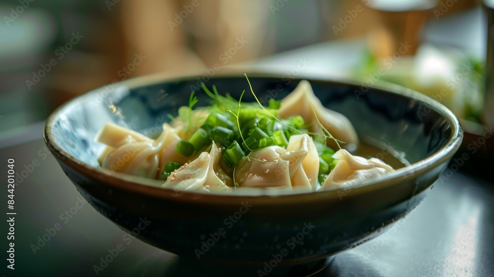 A bowl of delicious wontons with a simple minimal setting. A bowl of delicious wontons with a simple minimal setting.