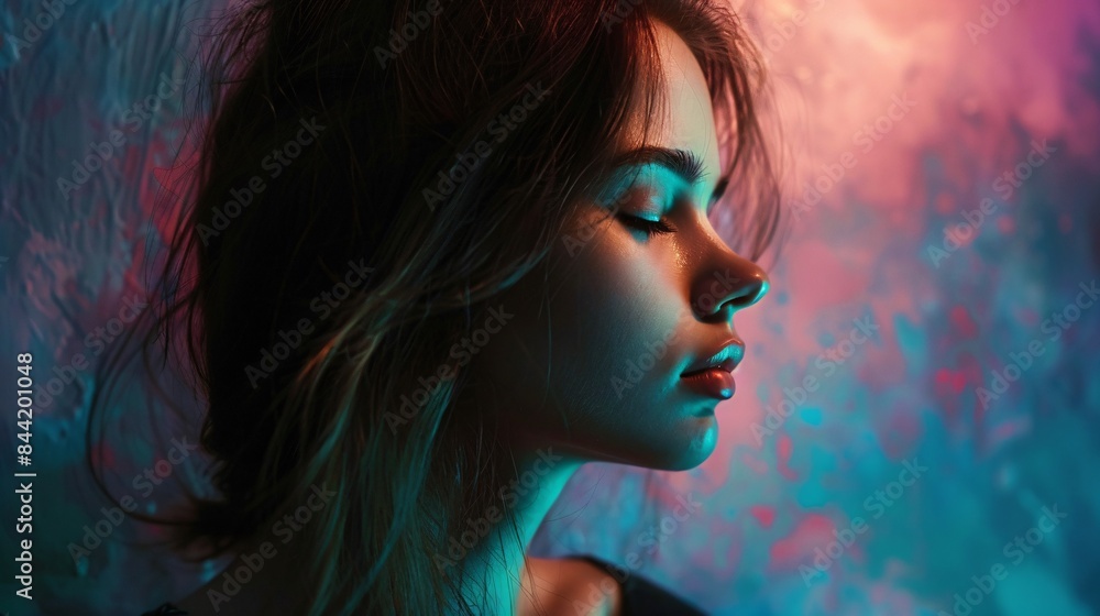 The enchanting beauty of a contemplative woman set against a backdrop of isolated colors, with ample empty space allowing for versatile usage, Generative AI The enchanting beauty of a contemplative woman set against a backdrop of isolated colors, with ample empty space allowing for versatile usage, Generative AI