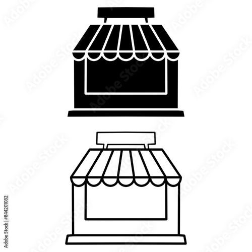 Market shop line icon. Kiosk, store, retail graphic pictograph. Street food concept linear label. Contour logo commercial market place. Vector illustration isolated on white