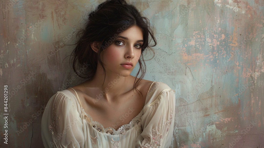 Fototapeta premium The quiet elegance of a dreamy woman set against a canvas of muted pastels, Generative AI