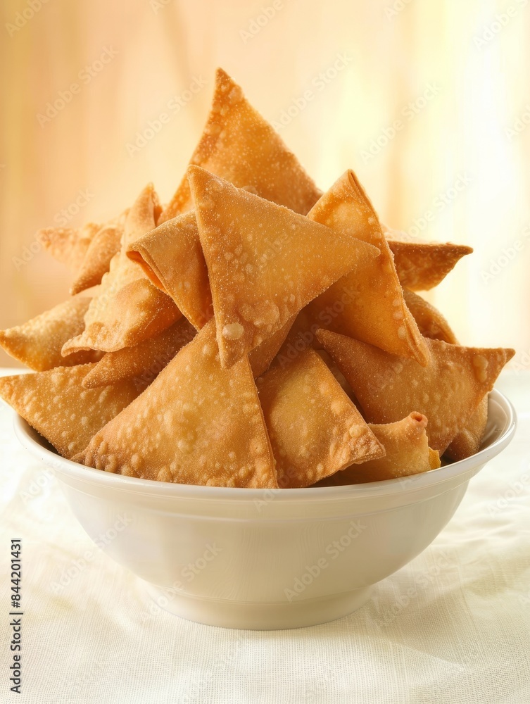 A bowl of delicious fried wontons with a simple minimal setting. A bowl of delicious fried wontons with a simple minimal setting.