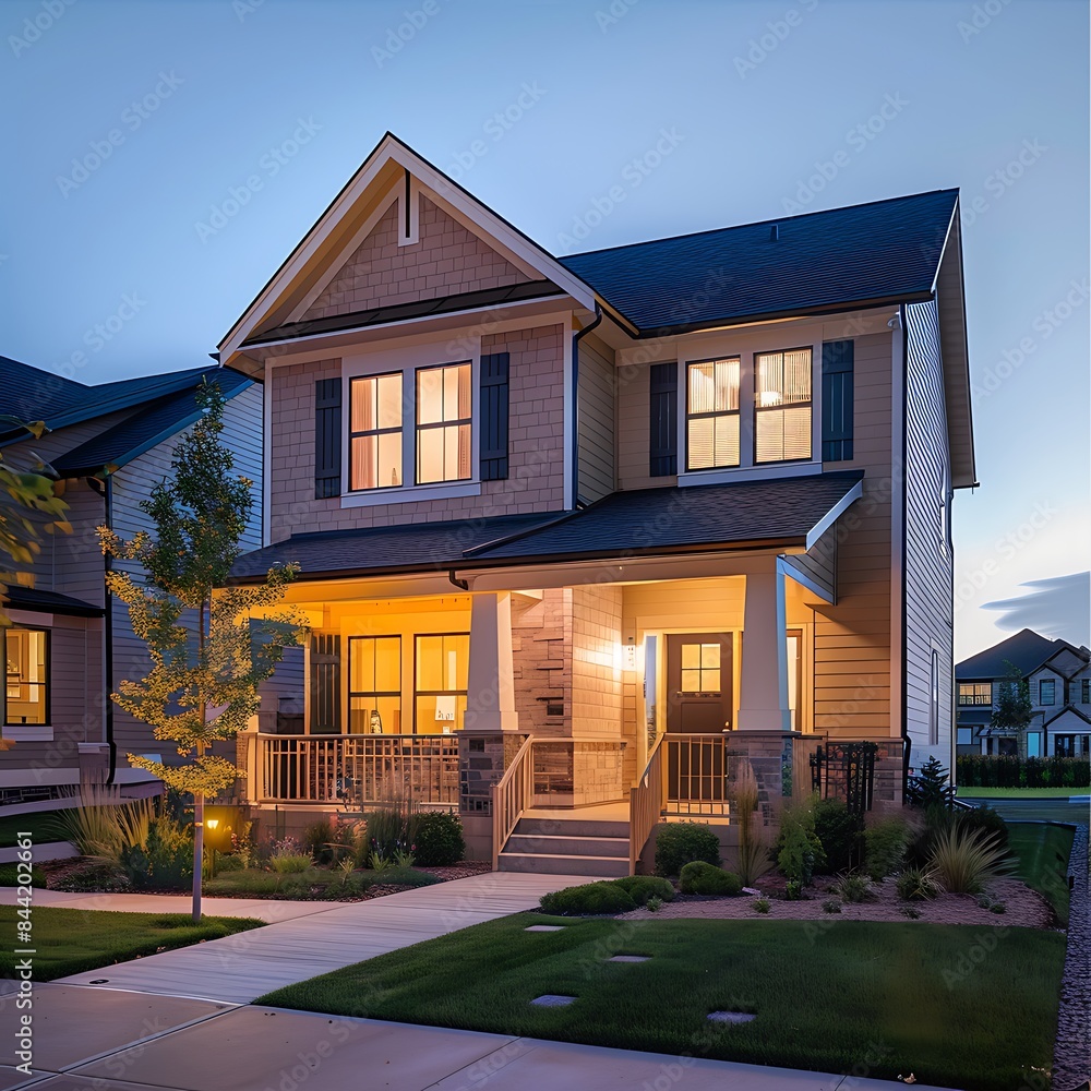 The front facade of a suburban house at dusk, focusing on the interplay of light and shadow and the tranquil atmosphere. The front facade of a suburban house at dusk, focusing on the interplay of light and shadow and the tranquil atmosphere.