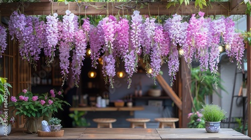 A beautiful outdoor seating area with a pergola covered in purple flowers.