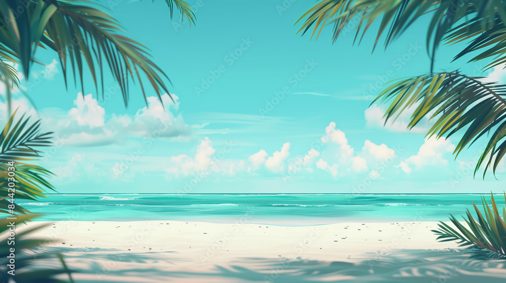 A serene tropical beach scene framed by lush palm leaves. The white sandy shore and turquoise ocean stretch out under a clear blue sky with fluffy white clouds. A serene tropical beach scene framed by lush palm leaves. The white sandy shore and turquoise ocean stretch out under a clear blue sky with fluffy white clouds.