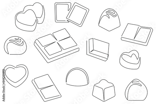 Continuous one line drawing of chocolate bar, Sweet candy set hand drawn vector illustration
