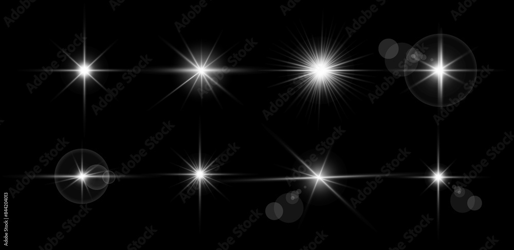 Glowing light bursts with sparkles. Glow light effect set, lens flare, explosion, glitter, line, sun flash, spark and star. Abstract image of lighting flare and white stars. Vector illustration