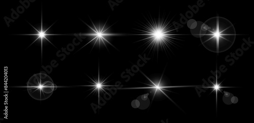 Glowing light bursts with sparkles. Glow light effect set, lens flare, explosion, glitter, line, sun flash, spark and star. Abstract image of lighting flare and white stars. Vector illustration