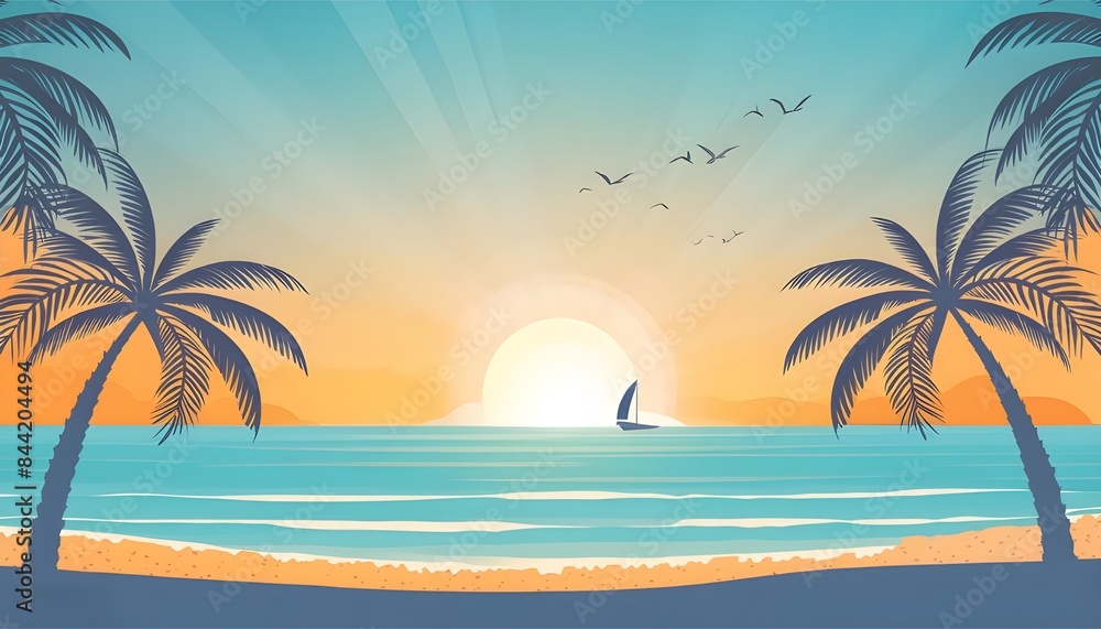 Fototapeta premium Summer sunset with palm tree silhouettes