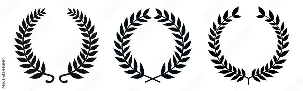 Set black silhouette circular laurel foliate, wheat and oak wreaths depicting an award, achievement, heraldry, nobility on white background. Emblem floral Greek branch flat style - stock vector.