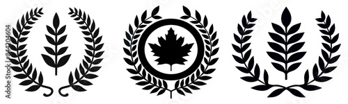 Set black silhouette circular laurel foliate, wheat and oak wreaths depicting an award, achievement, heraldry, nobility on white background. Emblem floral Greek branch flat style - stock vector.