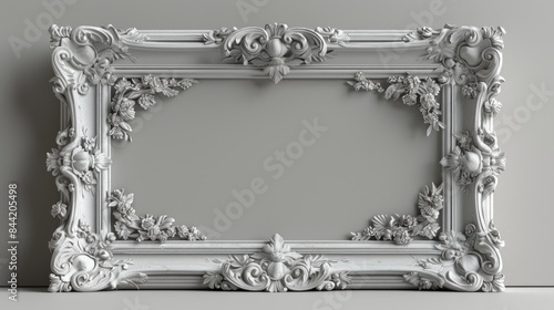 Exquisite detailed white picture frame with flourishes and flourishes.