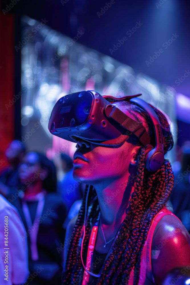 Young African-American Woman Immersed in Virtual Reality Experience at Tech Event Young African-American Woman Immersed in Virtual Reality Experience at Tech Event