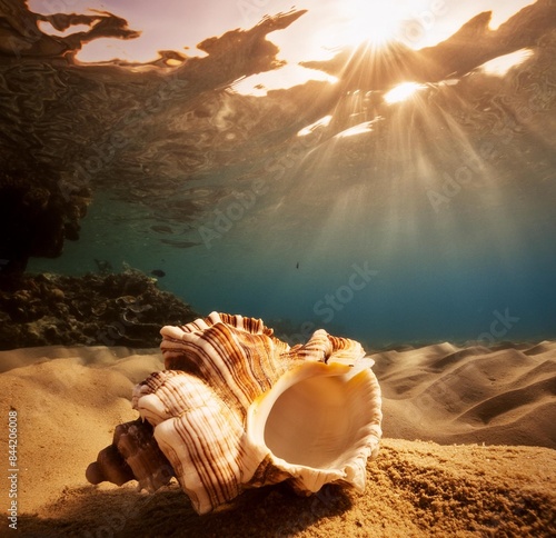 sea shells in their natural habitat, submerged in deep water