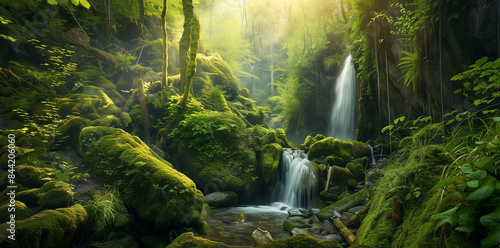 Waterfall in the Black Forest, Germany with moss-covered rocks and lush greenery photo