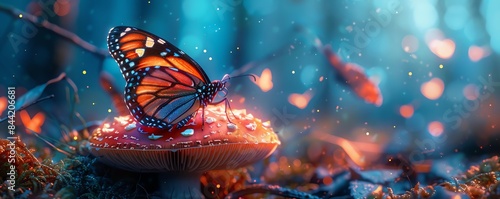 A vibrant butterfly perched on a glowing mushroom in an enchanted forest, with delicate fireflies creating a magical atmosphere. © ontsunan