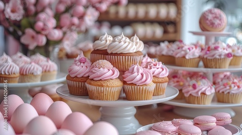 Pink and white frosted cupcakes and macarons displayed on white cake stands.