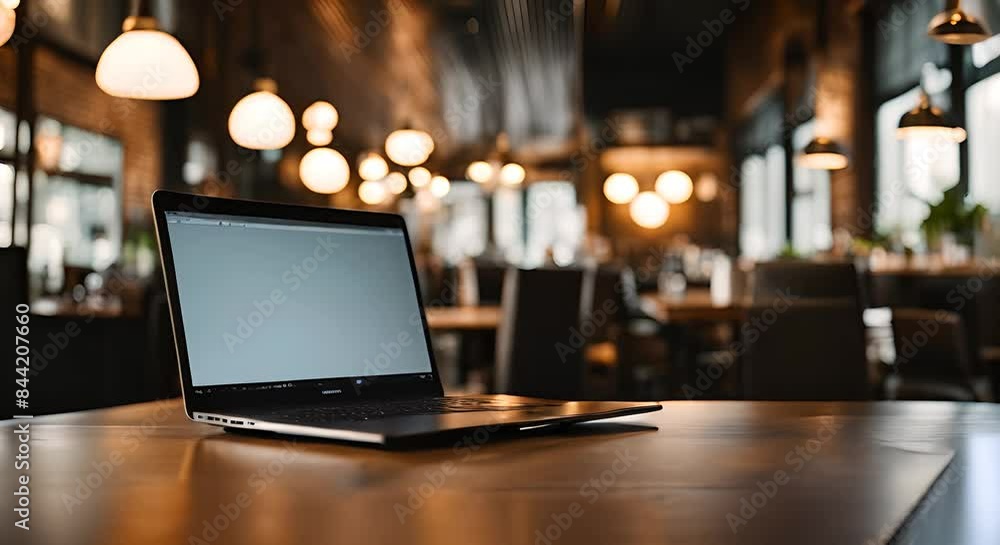Laptop with blank screen on wooden table in a coffee shop. Laptop with blank screen on wooden table in a coffee shop.