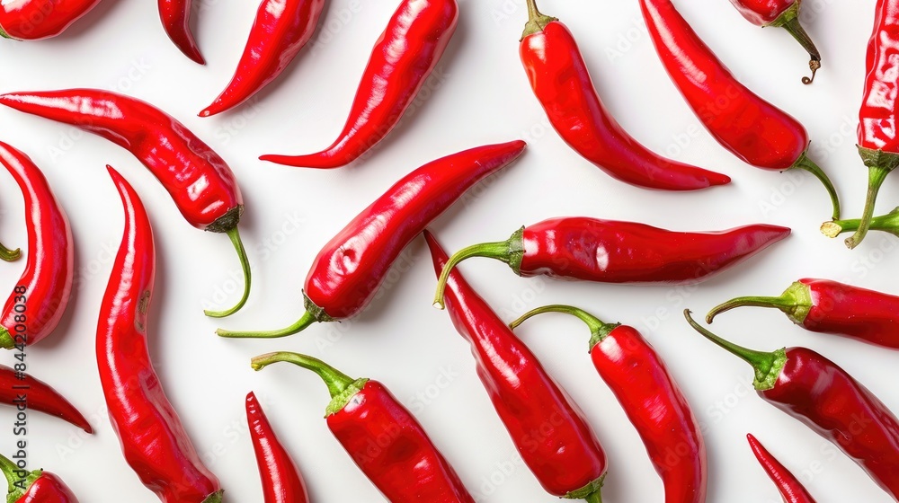 Red chili peppers seen up close on a white background Red chili peppers seen up close on a white background
